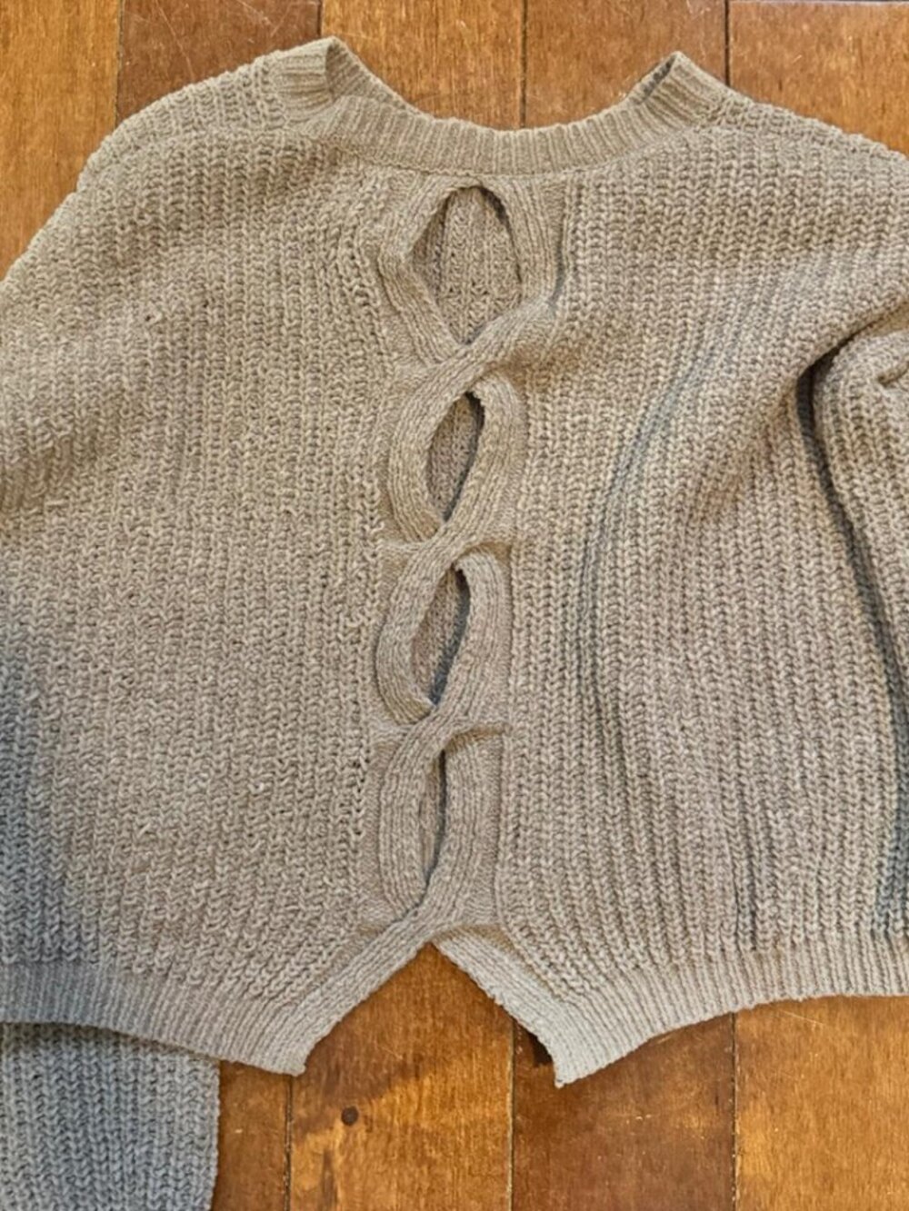 Taupe Cropped Knit Sweater Back Cutout Tie Detail Long Sleeve